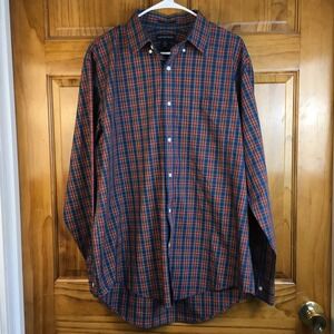 Lands End Mens L 16-16.5 Plaid No Iron Button Down Shirt Traditional Fit Tartan